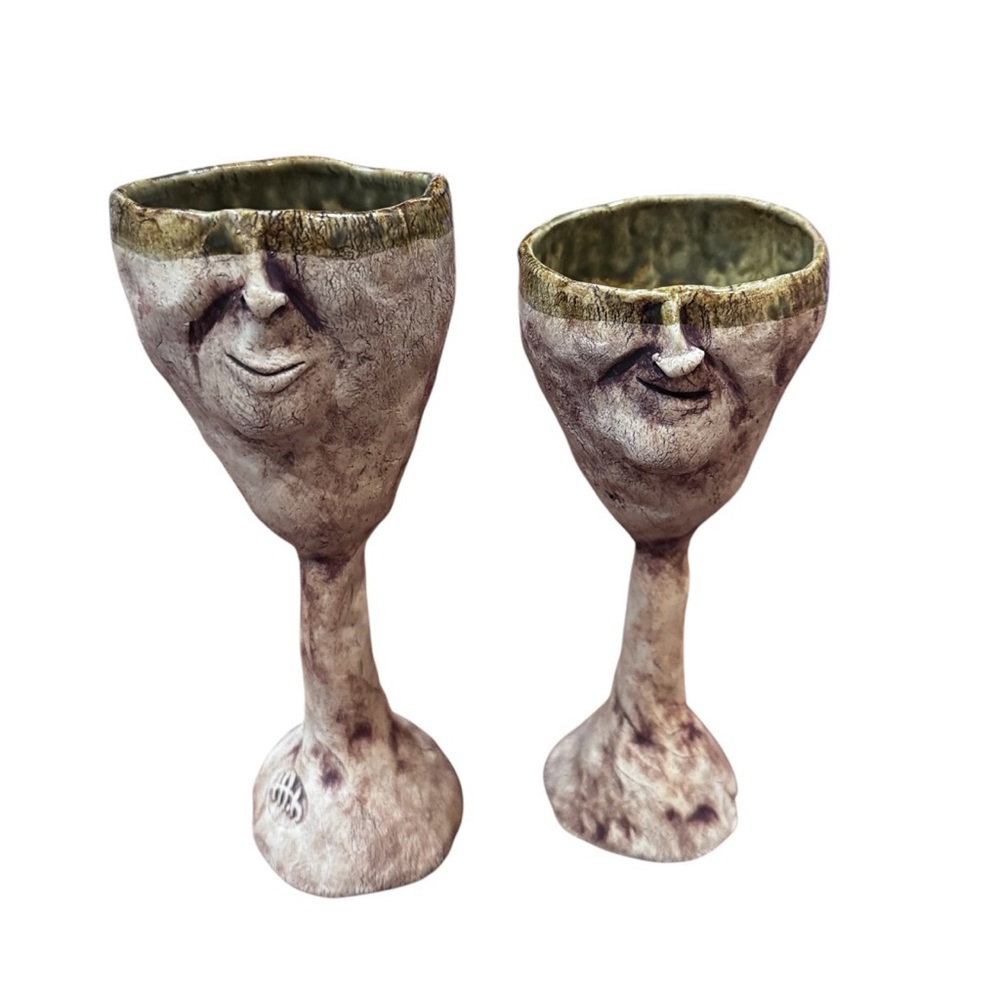Terra Cottage Face Chalice Wine Glass Weirdo Face Art Set of 2